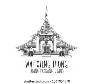 Hand drawn famous landmark vector of Wat Xieng Thong,Luang Prabang,Laos, isolated vector illustration, Outline  Business Travel and Tourism Concept. Presentation, Banner, Postcard 