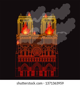 Hand drawn famous landmark vector of Notre Dame in Paris, France,  on fire 
