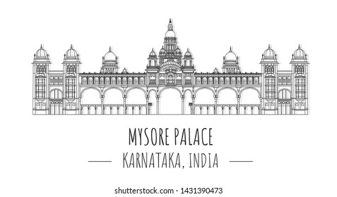 Hand drawn famous landmark vector of mysore palace, Karnataka, India,isolated vector illustration.Business Travel and Tourism Concept