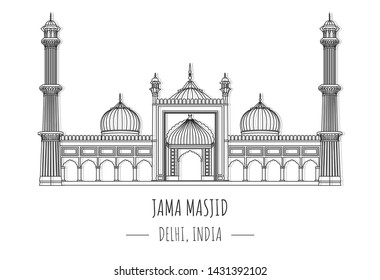 Hand drawn famous landmark vector of jama masjid, Delhi, India,isolated vector illustration.Business Travel and Tourism Concept