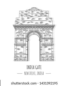 Handgezeichnete berühmte Wahrzeichen-Vektorillustration Indien-Tor, Rajpath, Indien, einzelne Vektorillustration-Illustration.Business Travel and Tourism Concept