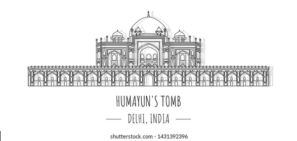 Hand drawn famous landmark vector of Humayun's Tomb, Delhi, India,isolated vector illustration.Business Travel and Tourism Concept