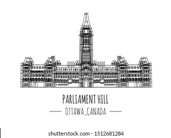 Hand drawn famous landmark vector of Parliament hill, Ottawa ,Canada ,isolated vector illustration ,outline business travel and tourism concept. Presentation,banner,postcard