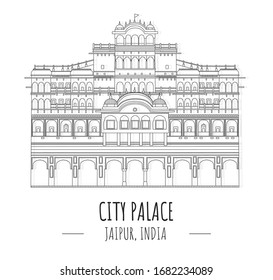 Hand drawn famous landmark vector of City Palace, Jaipur, India,isolated vector illustration.Business Travel and Tourism Concept
