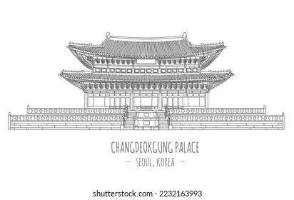 Hand trazó el famoso vector de referencia del palacio Changddeokgung, Seúl, Corea del Sur, ilustración vectorial aislada.Concepto de viajes de negocios y turismo