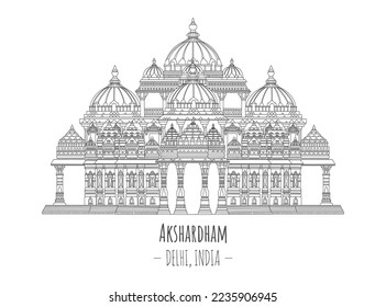 Hand drawn famous landmark vector of akshardham temple,Delhi, India,isolated vector illustration.Business Travel and Tourism Concept