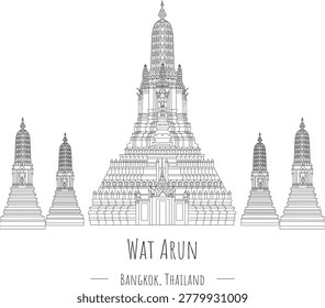 Hand drawn famous landmark vector of Wat Arun ,Bangkok Thailand    , isolated vector illustration, Outline  Business Travel and Tourism Concept. Presentation, Banner, Postcard 