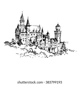 Hand Drawn Famous Old Castle, Germany. Vector Illustration.