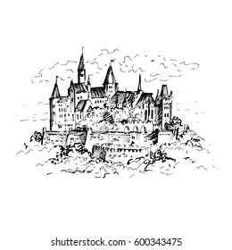 Hand drawn famous old Castle, Germany. Hohenzollern castle. Vector illustration.