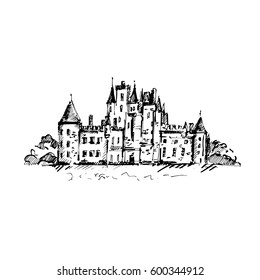 Hand drawn famous old Castle, Scotland. Vector illustration.