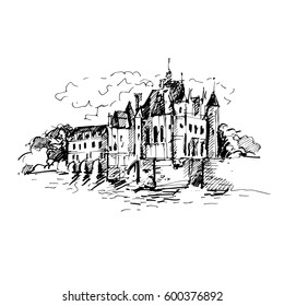 Hand drawn famous old Castle, France. Vector illustration.