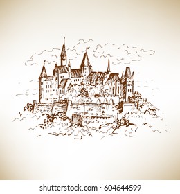 Hand drawn famous old Castle, Germany. Hohenzollern castle. Vector illustration.