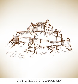 Hand drawn famous old Castle, Edinburgh Castle. Vector illustration.