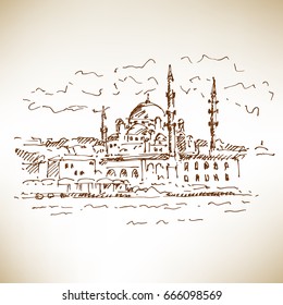 Hand drawn famous turkish mosque in Istanbul. Sketch, vector illustration.