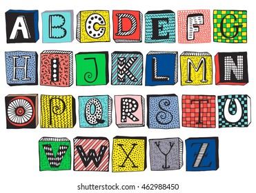 Hand drawn fancy alphabet on blocks, funny doodle letters. Vector set of colorful letters, frames with different textures