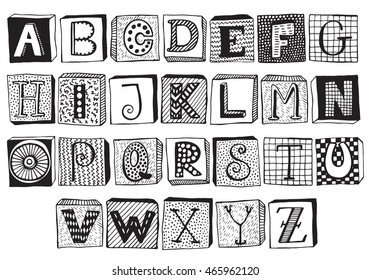 Hand drawn fancy alphabet on blocks, funny doodle letters. Vector set of Black and white letters, frames with different textures