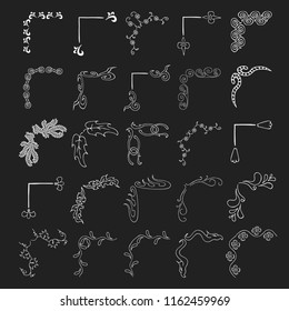 Hand drawn fancy corners set. Filigree page decoration. Vector isolated illustration.