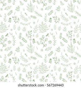 Hand drawn fancy herb and flower pattern. Vector background