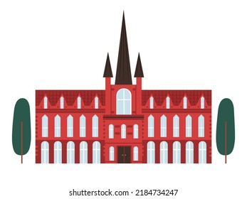 Hand drawn fancy old building, university, museum or library. European red brick building in gothic style. Isolated on white vector illustration