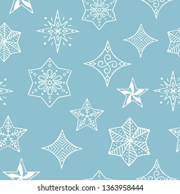 Hand drawn fancy stars seamless pattern. Christmas festive decoration. Vector holiday gift wrapper background. 