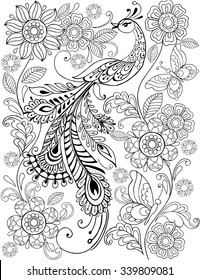 Hand drawn fantastic bird for  anti stress Coloring Page. Vector monochrome illustration. 