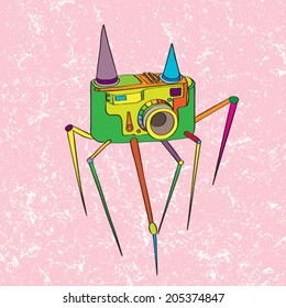 Hand drawn fantastic doodle illustration of a vintage camera with legs over a grungy pink background, surrealist style original art work