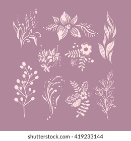 Hand Drawn Fantastic Plant Monochrome Set Of Pink Shade Beautiful Icons Isolated On Purple Background