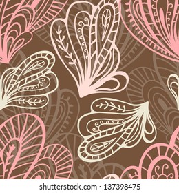 Hand drawn fantasy abstract seamless pattern in light pink and chocolate tones. Endless  background