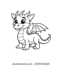 Hand drawn fantasy baby dragon drawing contour for coloring book. Cute dragon coloring page for kids.