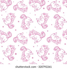 Hand drawn fantasy cartoon unicorn, cute doodle. Funny sketch vector background for your creative ideas.