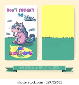 Hand drawn fantasy cartoon unicorn gift card, cute doodle. Templates for your creative ideas.
