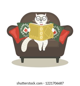 Hand drawn fantasy cat sitting in armchair and reading book. Vector illustration on white background.