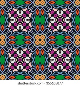 Hand drawn fantasy doodle seamless pattern, repeating fabric geometric floral texture. Tribal ethnic ornament, vector sketch illustration. Colorful background