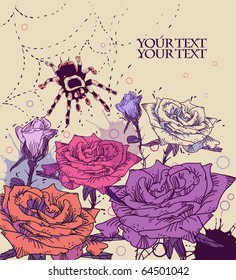 hand drawn fantasy field of motley blooming roses and a  striped spider