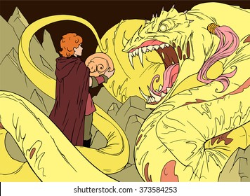 Hand drawn fantasy illustration of a huge frightening monster snake hissing at the hero who brought this snake her egg 