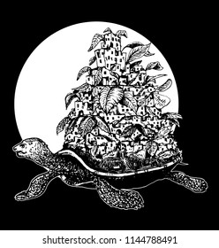 hand drawn fantasy illustration turtle with old town,flying turtle