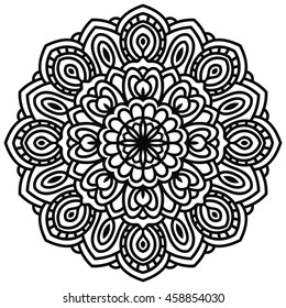Hand drawn fantasy linear head of flower, top view. Circular floral ornament isolated on white background. Doodle decoration. lace mandala in thin line style. Vector illustration. 