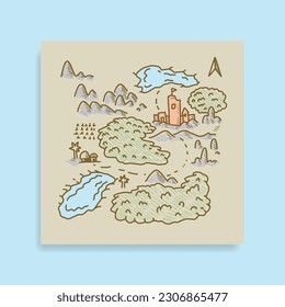 hand drawn fantasy map of kingdom, mountain, lakes and forest