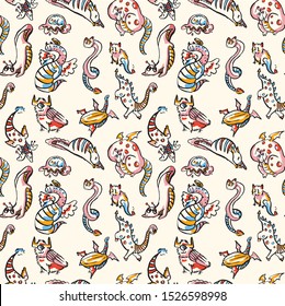 Hand drawn fantasy monster pattern. Cute textured strange creature all over background. 