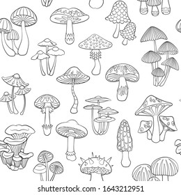 Hand drawn fantasy mushroom. Seamless vector background.