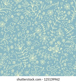 Hand drawn fantasy spring seamless pattern  with flowers , hearts and birds. Endless background.