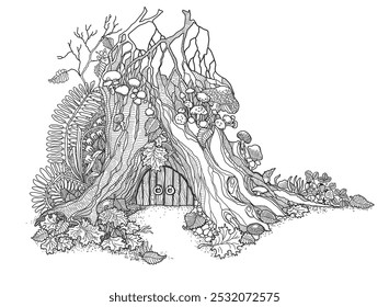 Casa de árvore de fantasia desenhada à mão em velho stub com porta de entrada de madeira. Página do livro de colorir para adultos e crianças 