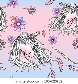 Hand Drawn Fantasy Unicorn and Flower in Seamless Repeat  Pattern on Marble Pastel  Background , Vector Illustration, EPS10