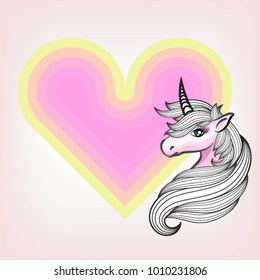Hand Drawn Fantasy Unicorn on rainbow heart background , design for fabric, card, wallpaper, t-shirt, scrapbook, Vector Illustration, EPS10