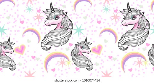 Hand Drawn Fantasy Unicorn and rainbow hearts stars in Seamless Repeat Pattern on Marble Pastel Background , Vector Illustration, EPS10