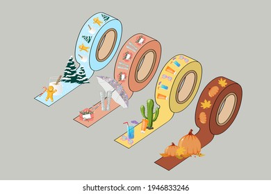 Hand drawn fantasy vector illustration of four season washi tape with 3d effect