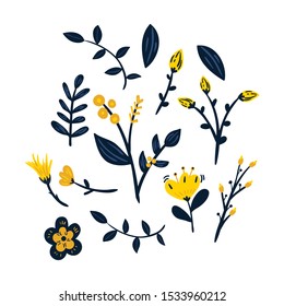 hand drawn fantasy yellow flowers vector set collection. Creative floral texture for fabric, wrapping, textile, wallpaper, apparel.