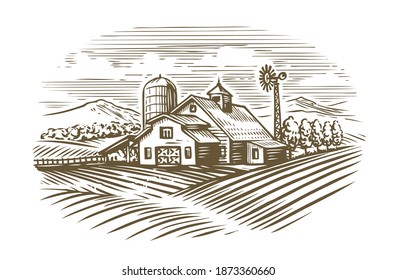 Hand drawn farm. Agriculture, farming sketch vintage vector