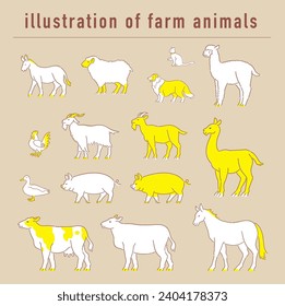 hand drawn farm animal illustration set