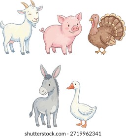 Coleção de vetores de animais de fazenda desenhados à mão com cabra, porco, peru, burro e ganso. Ilustrado em estilo de desenho animado bonito, perfeito para planilhas infantis, livros educativos, cartazes e materiais de aprendizagem.